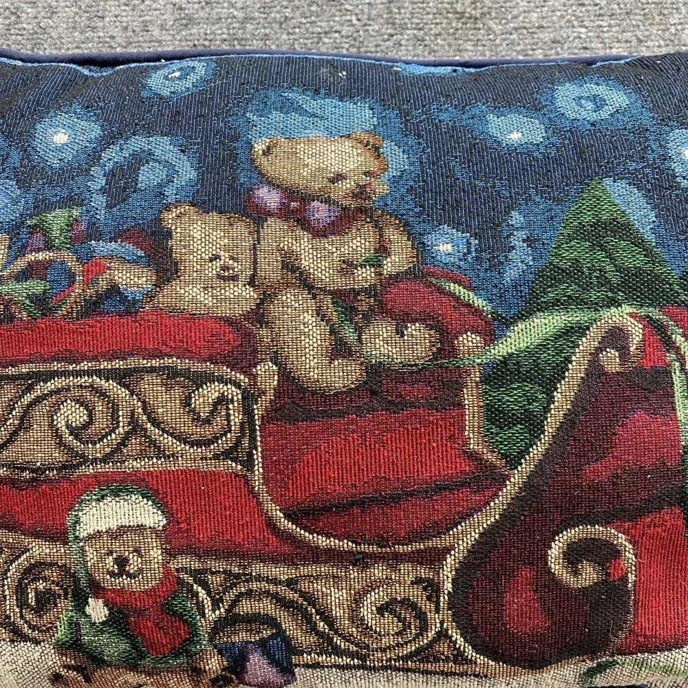 Vintage 70s Christmas Tapestry Pillow Teddy Bears in Santa's Sleigh 80s‎ Country
